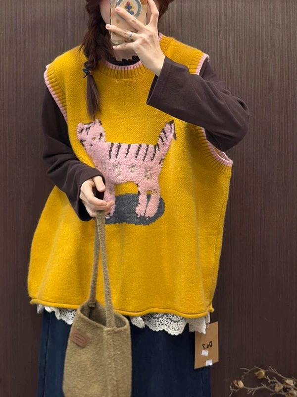 Lu een Gilet lavorato a maglia da donna di grandi dimensioni con motivo a strati Versatile autunno inverno Faion Casual Sle round Ne Design