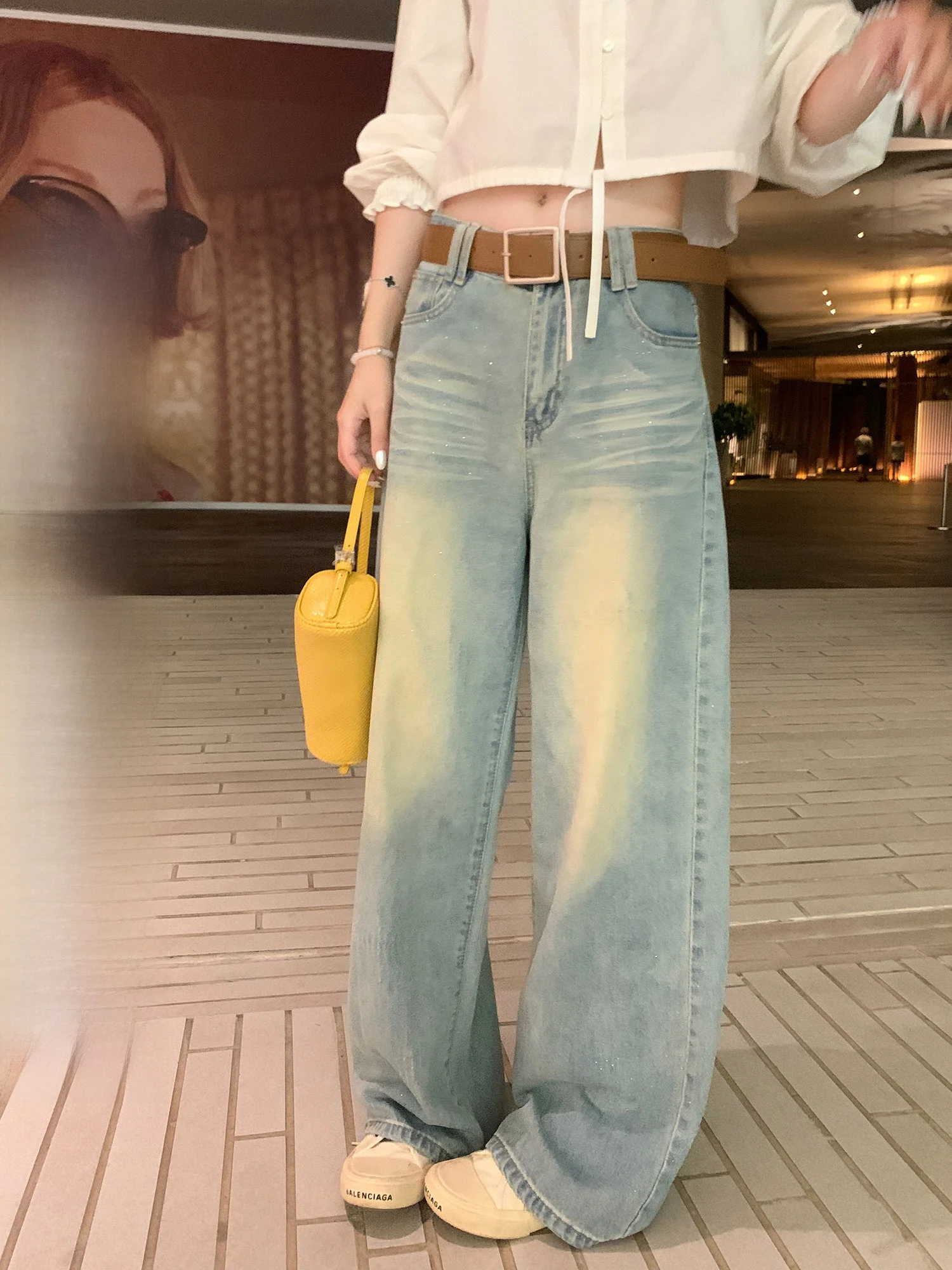 

Asheronline Shiny Sequin Denim Jeans Spring Season Light Wash Process Straight Leg Wide Leg Casual Pants Ladies Loose Fit