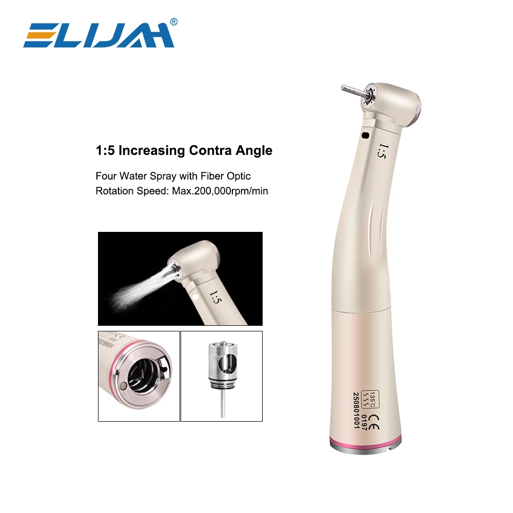 

ELIJAH Dental 1:5 Fiber Optic Increasing Speed Handpiece Against Contra Angle LED Optic Fiber Quattro Spray E-tape Push Button