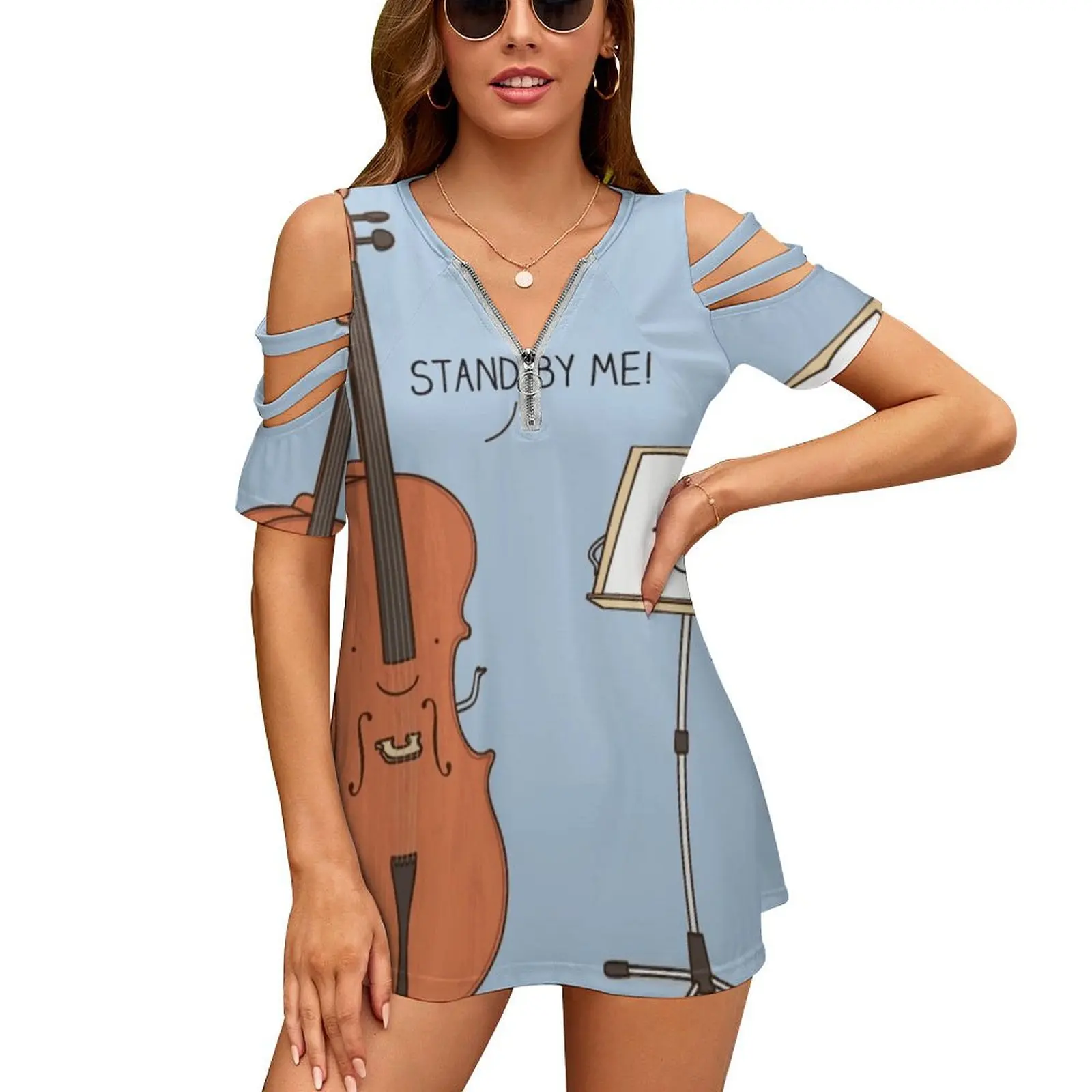 Stand By Me New Fashion Zip Off Shoulder Top Short-Sleeve Women Shirt Cello Bass Stand Music Classical Performance Strings Pun