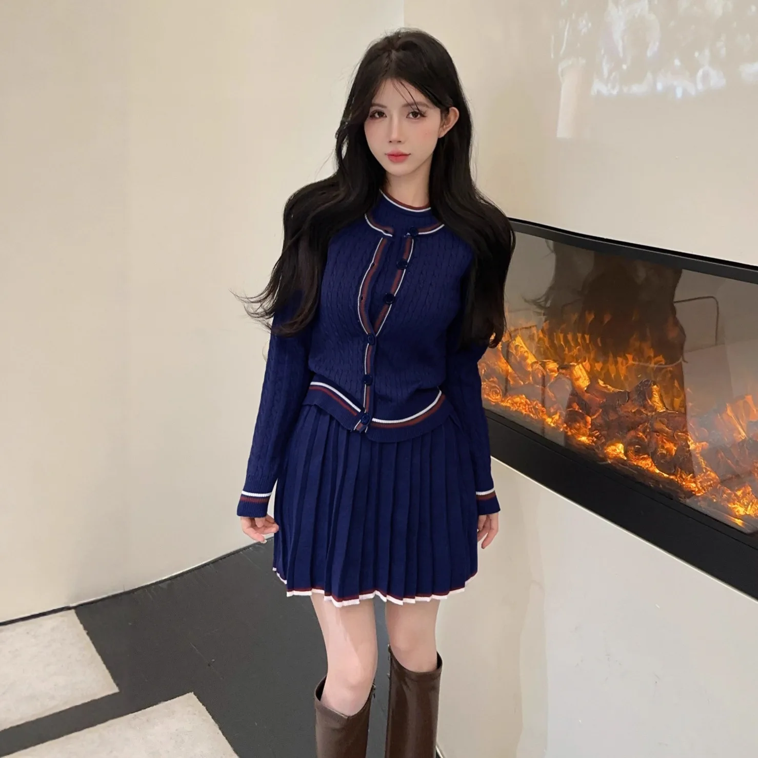 British Retro Striped Blue Knit Skirt 3 Piece Set Women Sleeveless Tank Cardigall High Waist Mini Pleated Skirt Harajuku Preppy