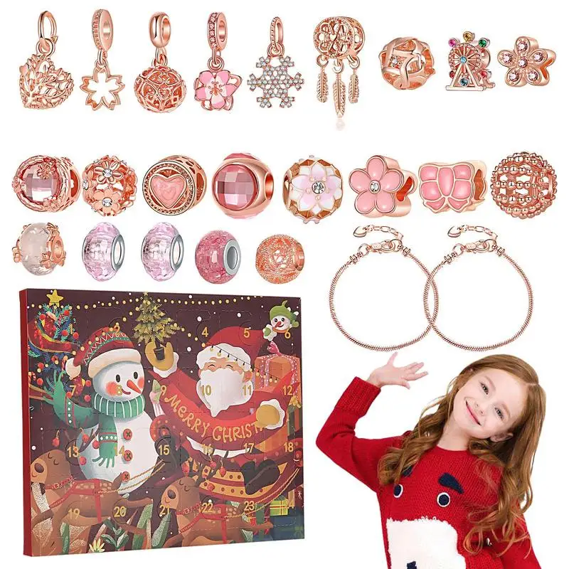 Christmas Countdown Calendar 24 Bracelet Making DIY Kit With 22 Charm Beads Rose Gold Gift Box Christmas Countdown Ornaments