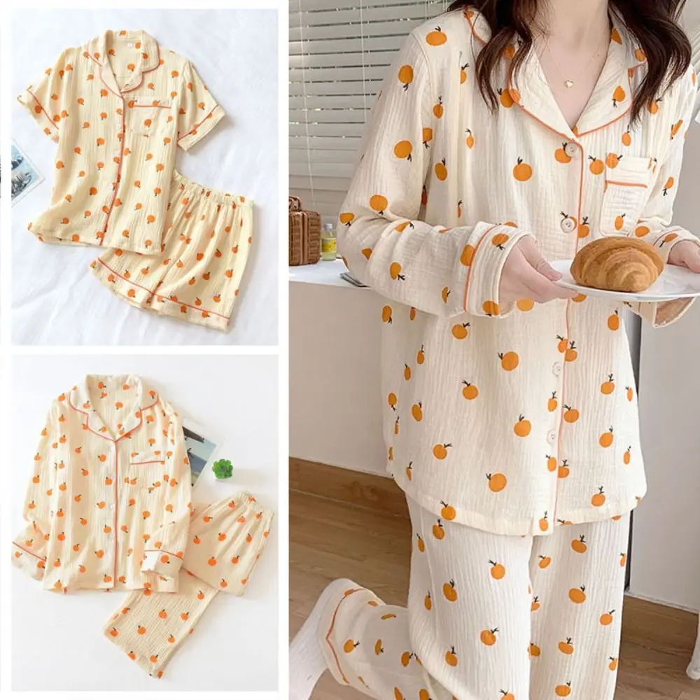 

Cute V-neck Fruits Pajamas Suit Sweet Homewear Two Piece Nightwear Short-sleeves Loose Orange Nightdress Set Summer Autumn
