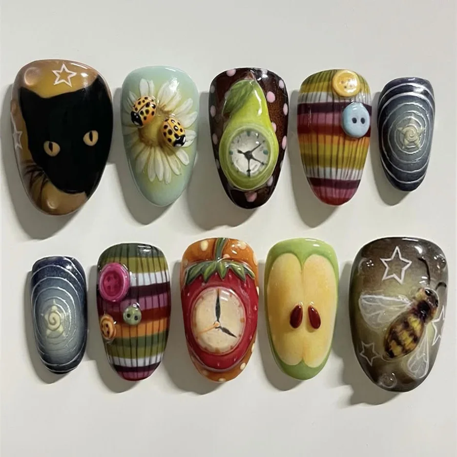 

24PCS Y2k Almond Press on Nails Artistic Apple Star Cat Patterns False Nails Spice Girls Acrylic Wearable Retro Fake Nails Tips