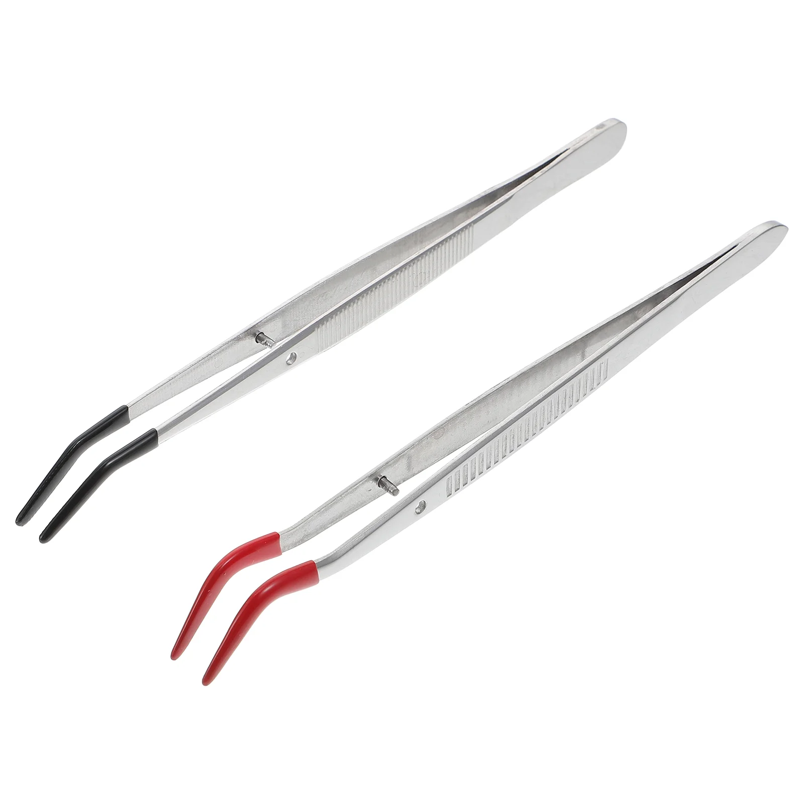 2 Pcs Lash Tweezers Home Tool Curved Bent Tip Elbow Set Tools Metal Steel Red with Rubber Tips Universal