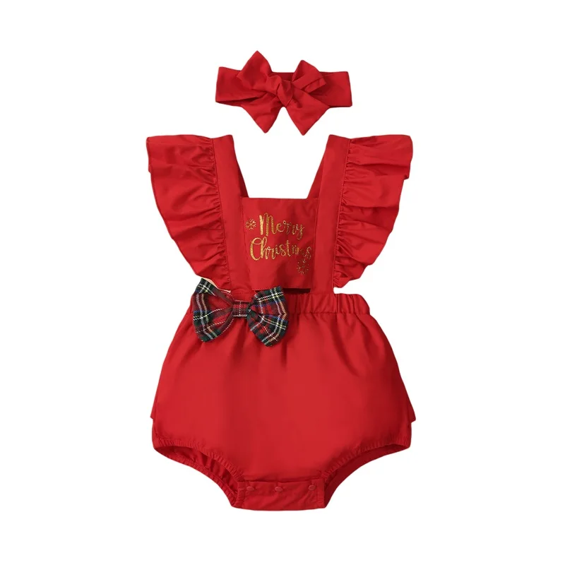 

Christmas Newborn Infant Baby Girls Rompers Clothes Letter Print Plaid Bowknot Fly Sleeve Jumpsuits with Headband Baby Clothes