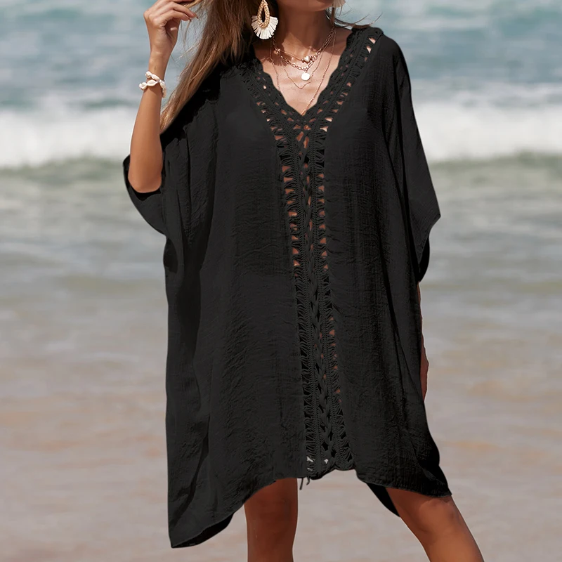 Holiday Crochet Knitted Beach Cover-Ups Dress Splicing Loose Dress Solid Color Beachwear transparent Sunscreen Sexy Beach Smock