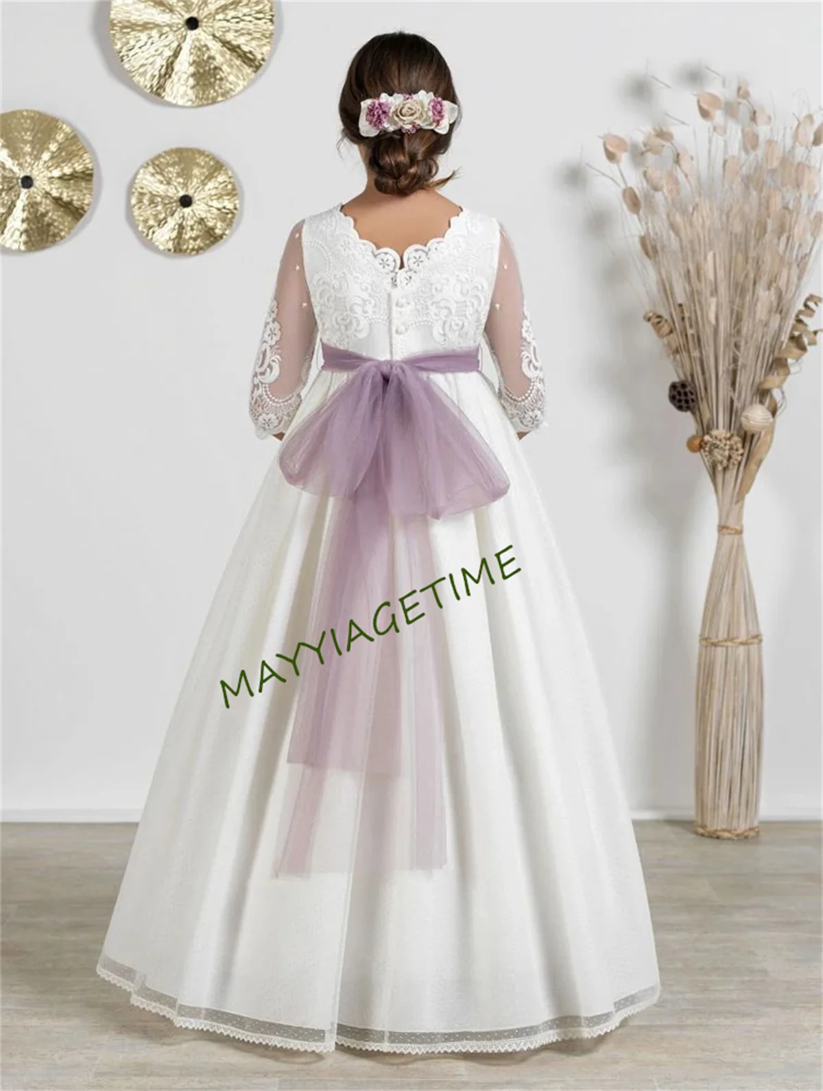 CustomizedSpectacular Communion Dress with a Pale Purple Flowers Sash Pintuck Skirt for Ceremony Bottons-Back and Large Bow