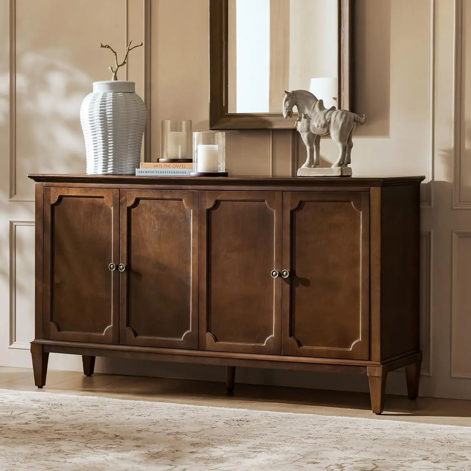 Mid-Century Modern Sideboard Cabinet, 4-Door Storage Buffet, 58