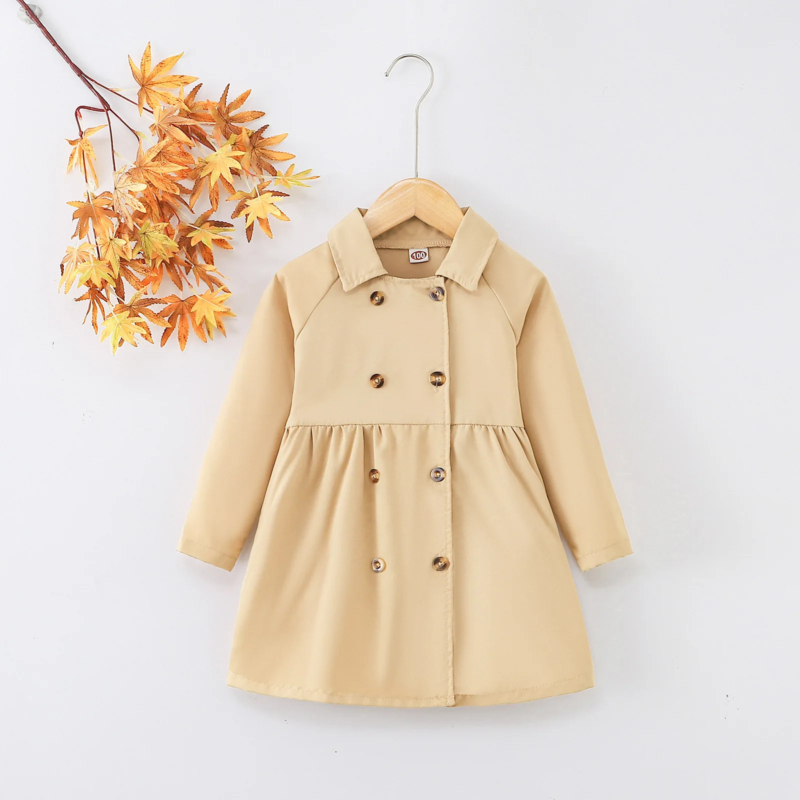 2023 Winter New Girls Dress Long Sleeve Turn-down Collar Double Button Khaki Cute Designer Girls Princess Dress Vestido 18M-7T