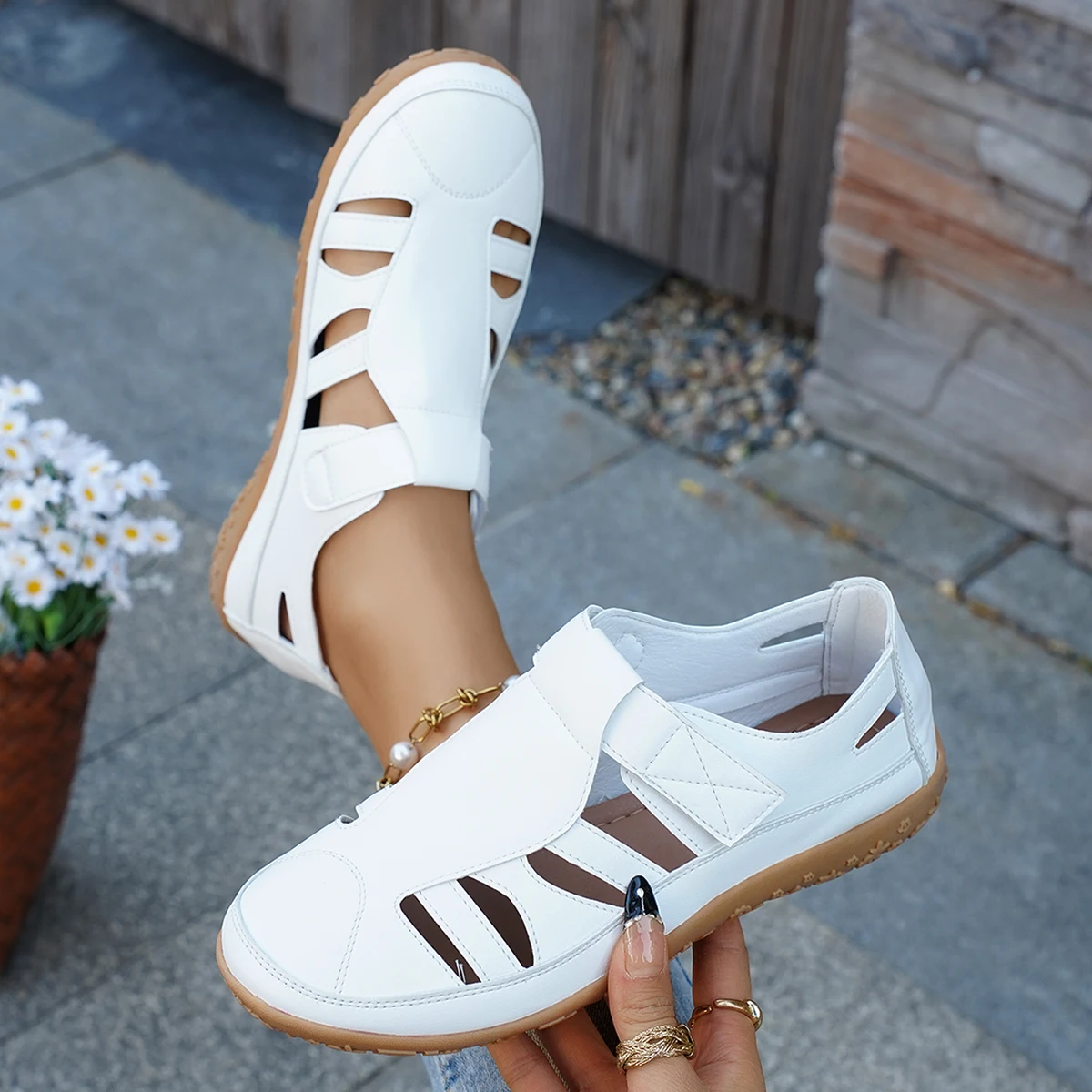 2025 New Women Sandals Large Size Roman Flat Bottom Sandals Women's Summer Hollow Out Slip-On Shoes Breathable Lightweight Shoes