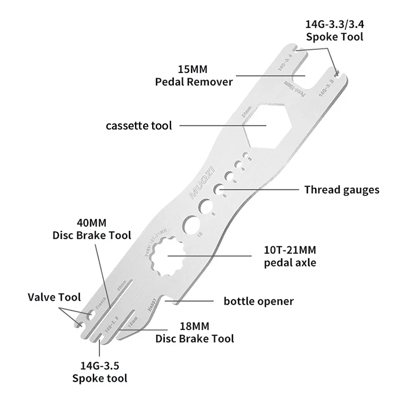 MUQZI Multi Tool 9 in 1 Bike Disc Brake Rotor Alignment Truing Tool Valve Core Removal Spoke Cassette Wrench Pedal Repair