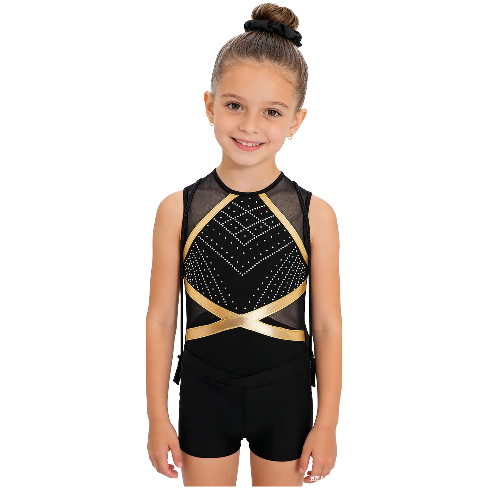conjunto-de-danca-para-meninas-ginastica-patinacao-acrobacias-e-ballet-leotardo-sem-mangas-com-strass-e-malha-com-shorts-faixa-de-cabelo-e-mochila