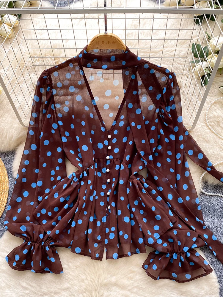 

Женская шифоновая летняя блузка с французским принтом в горошек, с бантом, длинными рукавами, свободного кроя, универсальный топ для повседневной носки, женская блуза BL391