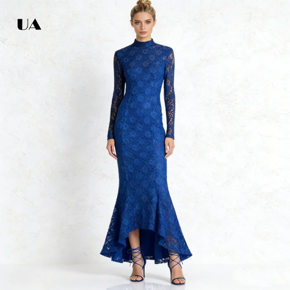 ULBYANRY Vestido de fiesta de sirena de encaje con mangas largas, vestidos de noche lisos con cuello simulado para mujer, vestido de fiesta asimétrico personalizado
