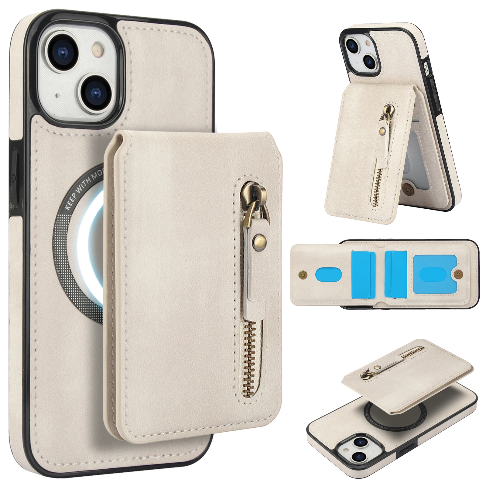 2 in 1 Detachable Magnetic Zipper Cards Solt Case For iPhone 16 Pro Max 15 Plus 14 13 12 11 SE 2024 Vertical Pocket Bag Cover