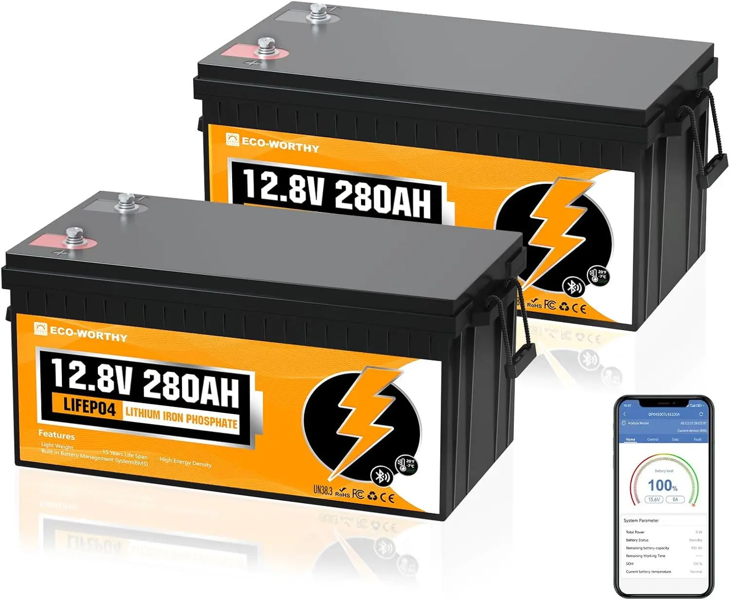 12V 280Ah 2 Pack LiFePO4 Lithium Battery with Bluetooth Low-Temp Protection 6000+ Deep Cycles 7168Wh Energy