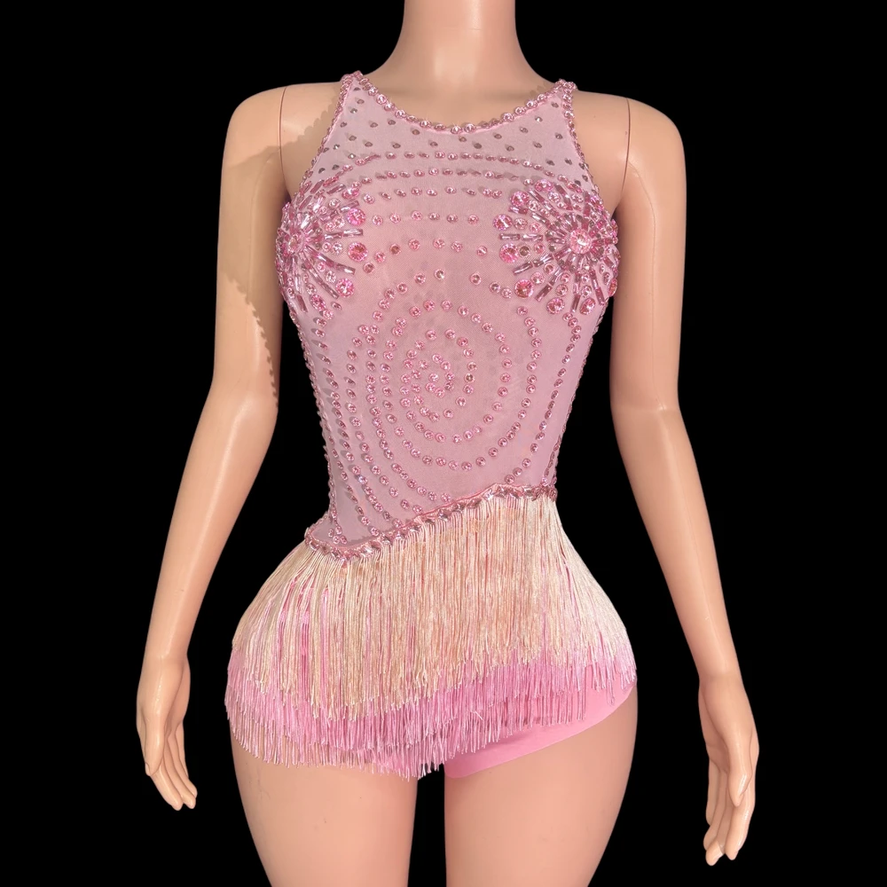 Sparkly Pink Rhinestones Tassel Bodysuit for Women Sexy Mesh See Through Performance Dance Costume Singer Dancer Show Stage Wear
