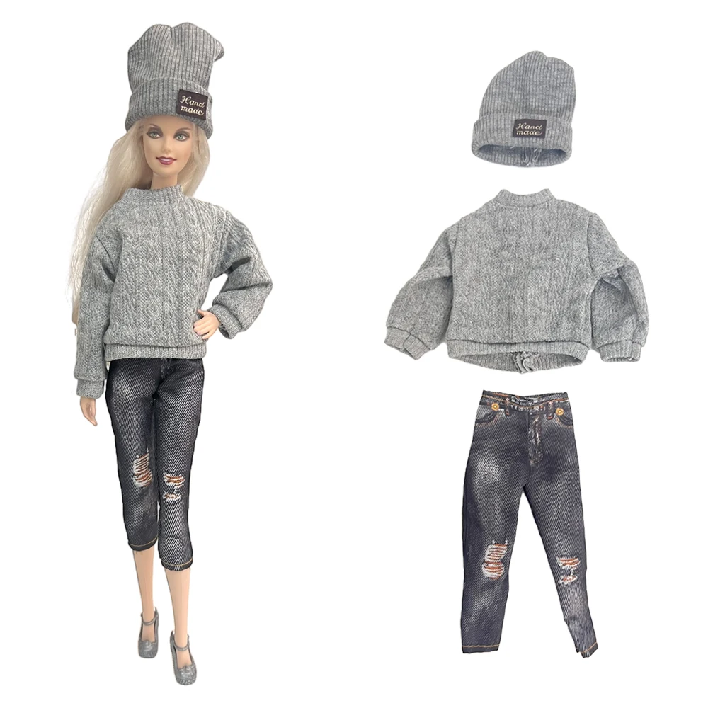 

NK 3 Pcs fashion doll suit 11.5 Inch Doll Clothes Accessories Grey knitting fried dough twist lines+imitation hole pants+hat