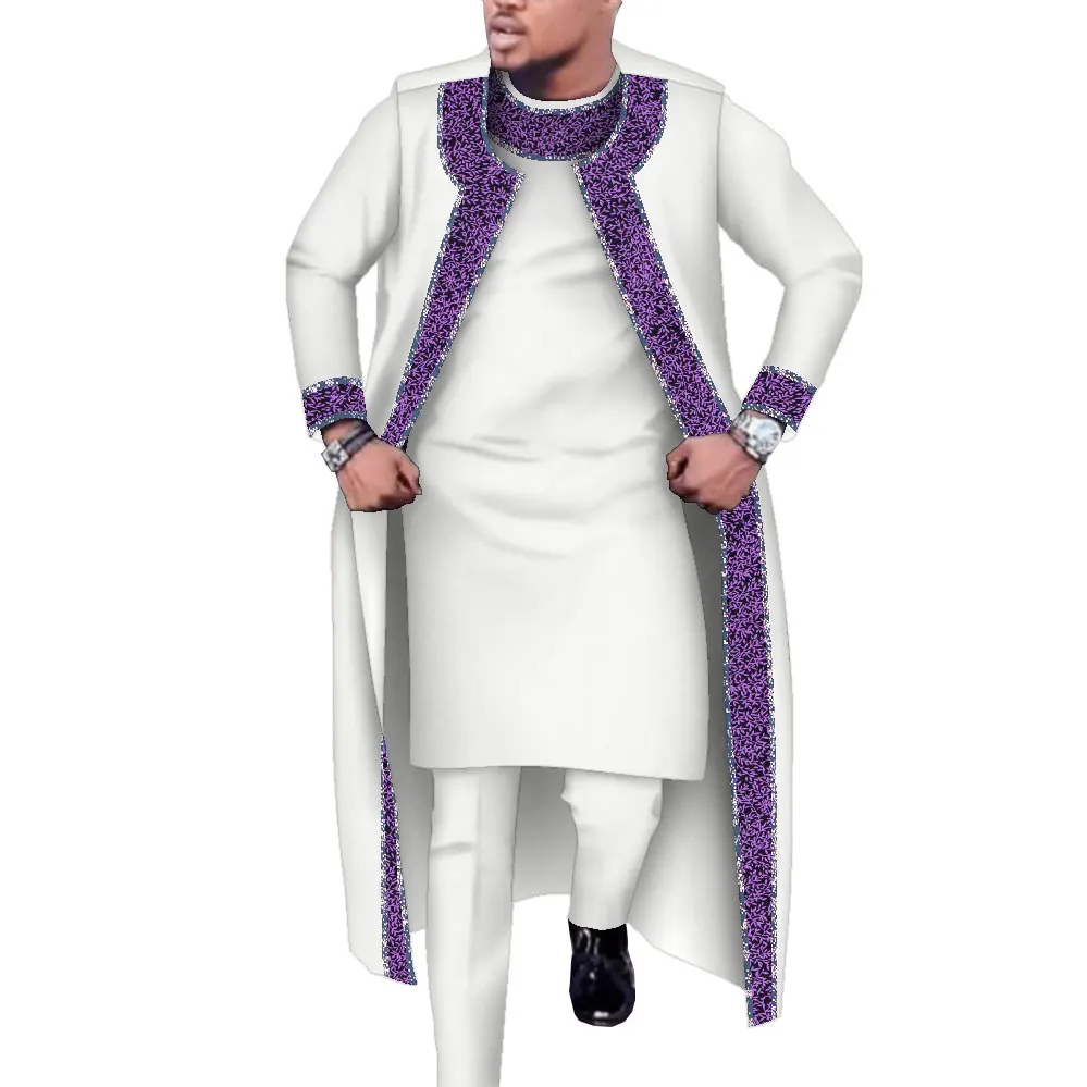 3 Pcs Set Long Robe Tops and Trouser Suits African Print Cotton Long Robe Pants Sets Party Wedding African Men Clothing Wyn1555