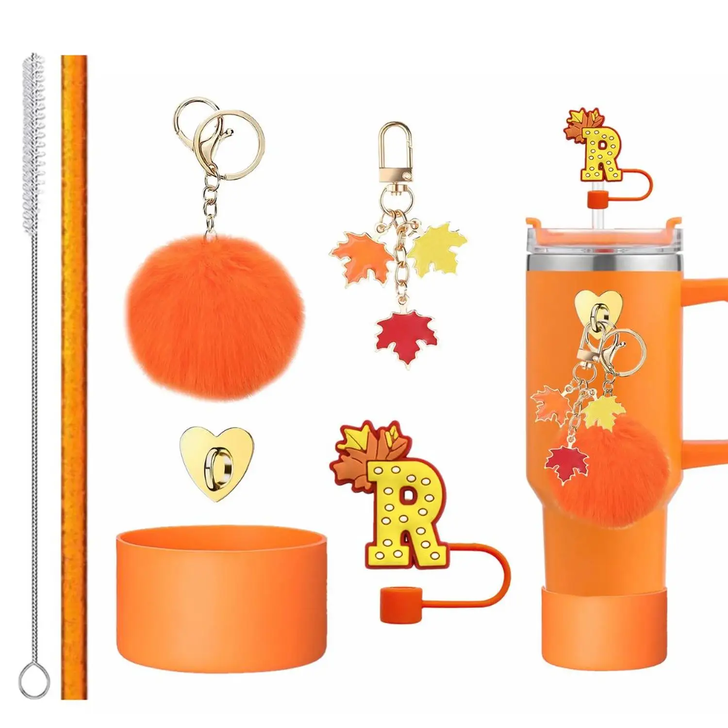 Para Stanley: Colgante de pompón, Funda de silicona para vaso, Tapón divertido para pajita con letras, Llavero de hoja de arce - Accesorio portátil multifuncional