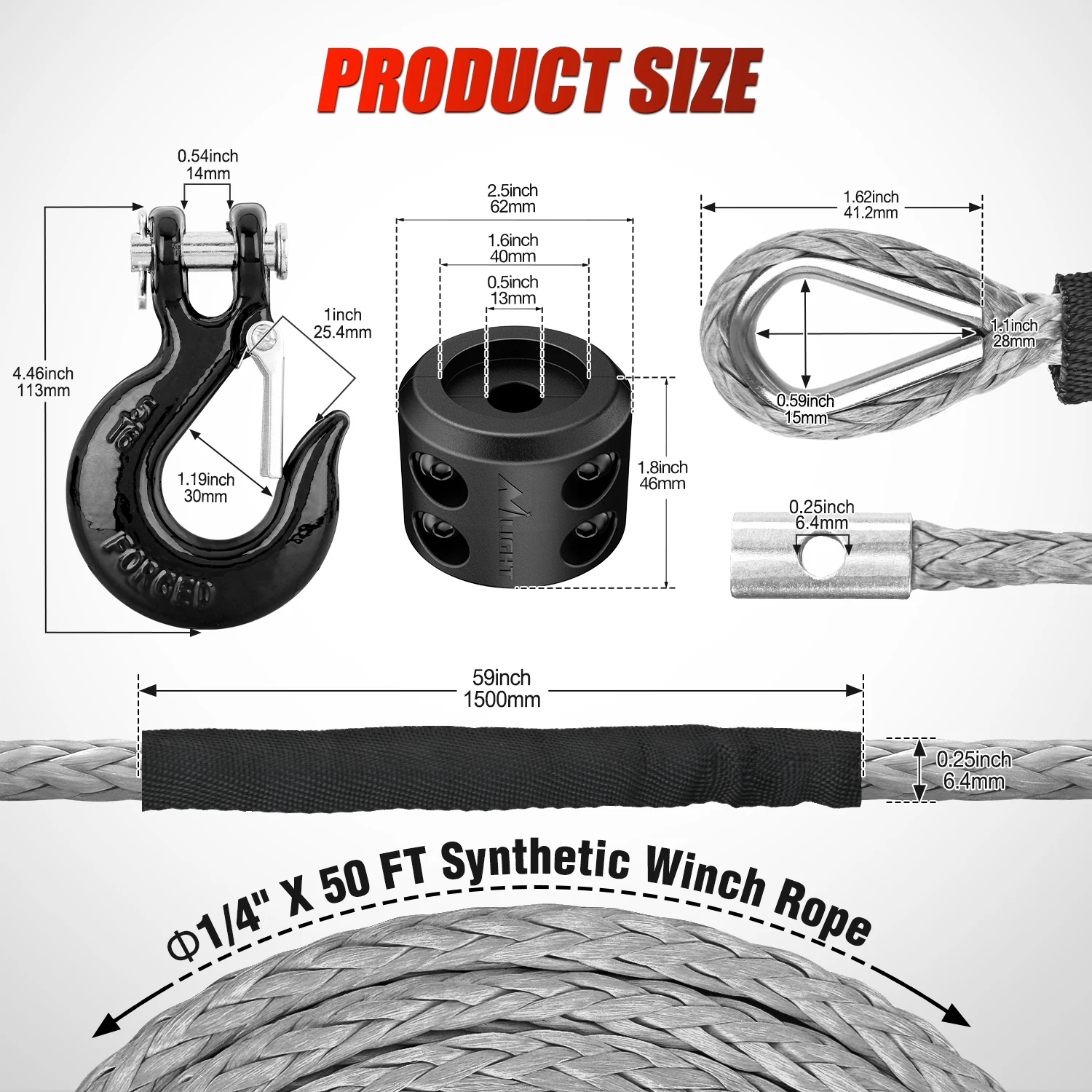 Nilight Synthetic Winch Rope Kit 1/4 Inch X 50 Feet - 6000 lbs Cable Line With Protective Sleeve, 13500 lbs Hook, Stopper for 4WD Off Road Vehicle UTV ATV SUV Truck, Grey