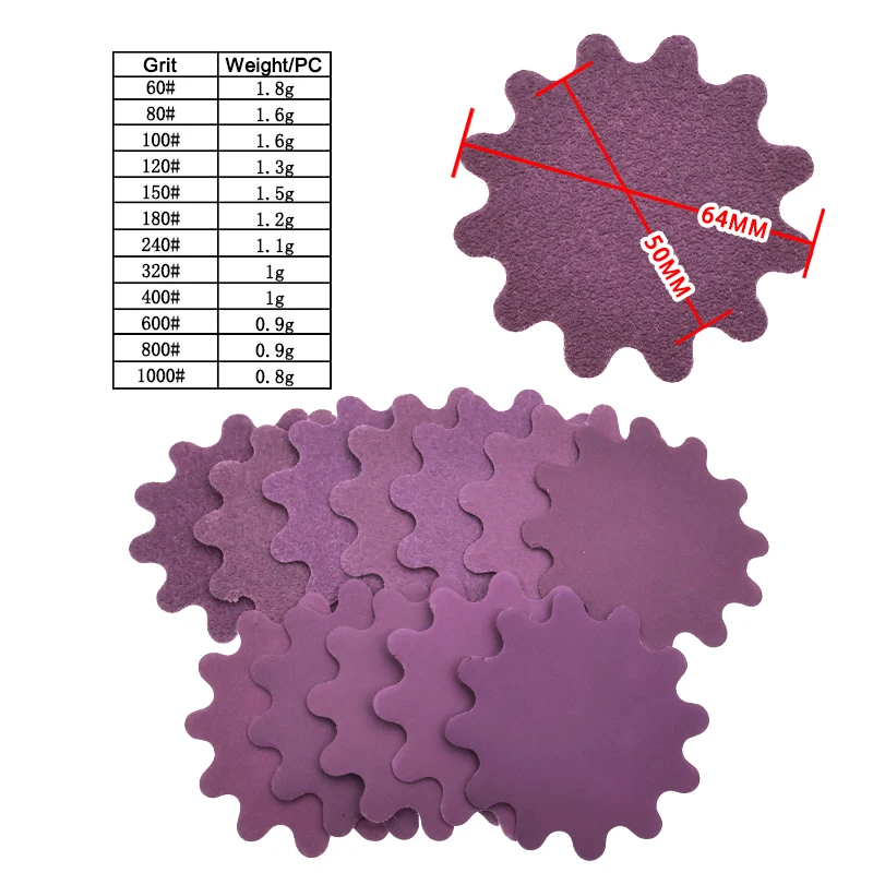2 Inch Hook and Loop Wavy Sanding Discs 20/50/100 Pcs Purple Sand Paper for Woodworking Tools Auto Body Metal Working Car