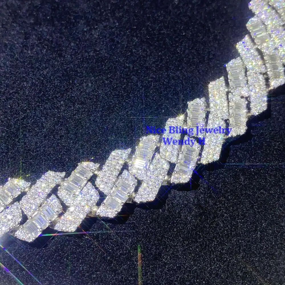 Luxury Wholesale Price 15mm Wide Hip Hop Prong Seting Baguette Style 925 Moissanite Diamond Silver Iced Out Cuban Link Chain.