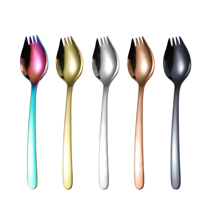 1Pc Stainless Steel Fork Spoon Long Handle Home Portable Student Creative Fruit Salad Scoop Multifunction Western Flatware