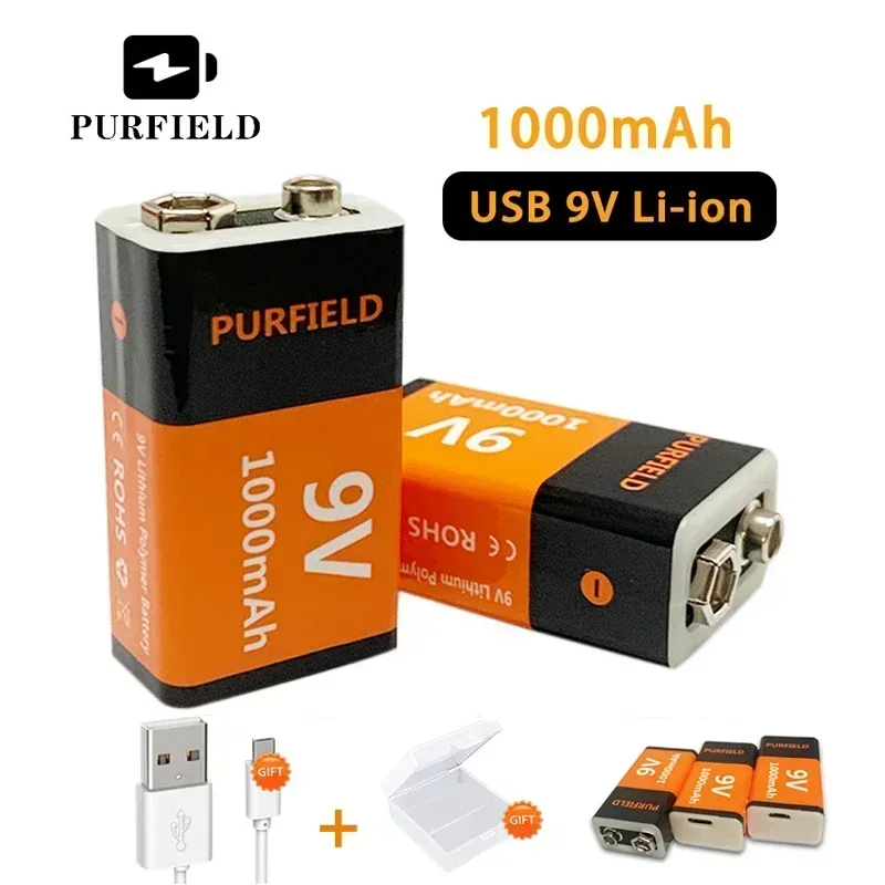 Purfield-充電式リチウム電池9ボルト,1000mAh,USB Type-c,6f22,9 v