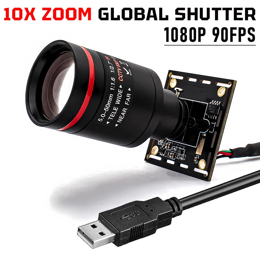 

1080P 90FPS USB Camera Module Global Shutter 5-50mm M12 Lens Zoom Plug Play for Industrial Vision Surveillance System Security