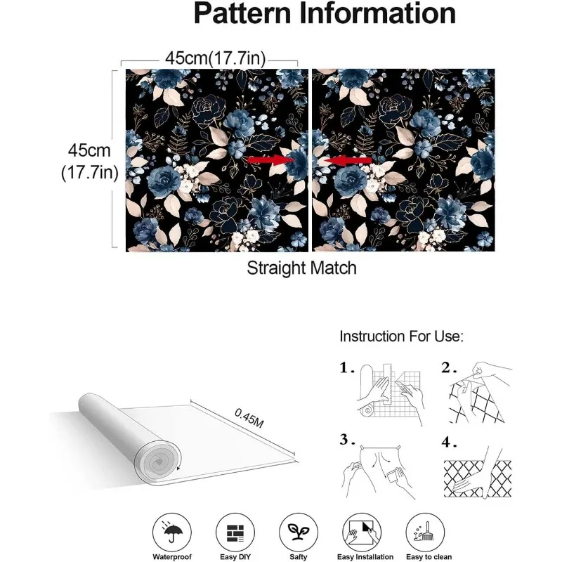 สีดําและสีทองดอกไม้ Vintage Peel Stick วอลล์เปเปอร์ดอกไม้ Art Deco สีน้ําเงินเข้มกระดาษติดต่อสําหรับตู้ไวนิลที่ถอดออกได้