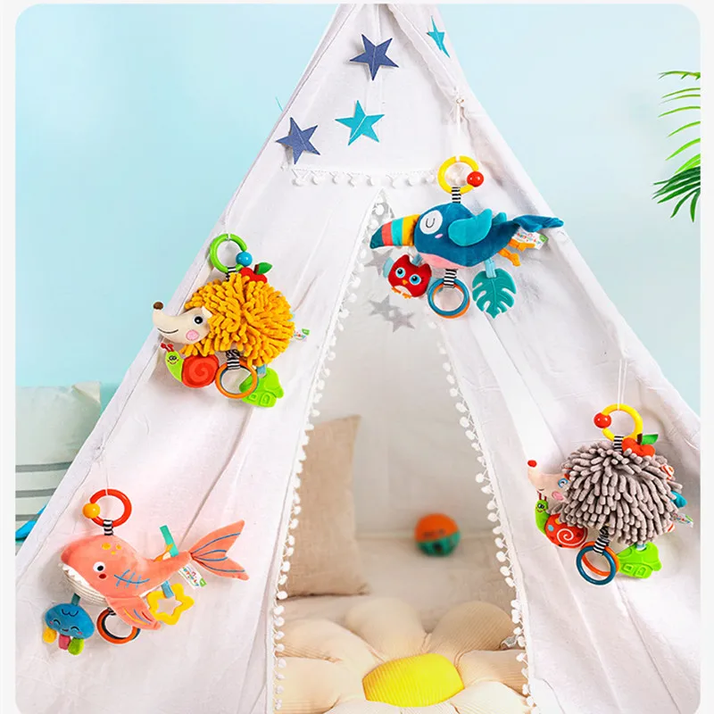 Weiche Plüsch Vogel Baby Bett Hängen Musik Rassel Spielzeug Neugeborenen Pädagogisches Hand Grip Mobile Ring Glocken mit Beißring Kinderwagen Spielzeug