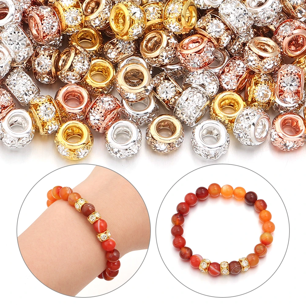 10pcs/lot 8X5.5mm Metal Big Hole Beads Welding Rhinestone Loose Spacer Beads Gold Silver DIY Bracelet Jewelry Making Accessories