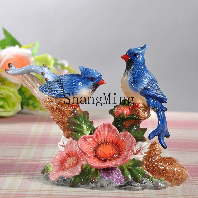 

PYH rural ceramic bird ornament, a pair of pastoral magpies, double red birds, Chinese-style home study TV cabinet knickknacks