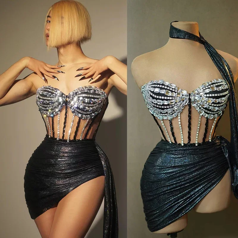 

Сексуальная женская одежда для гоу-гоу танцев, костюм для ночного клуба, бара, черное платье с открытыми плечами и стразами, одежда для выступлений на сцене, yj691