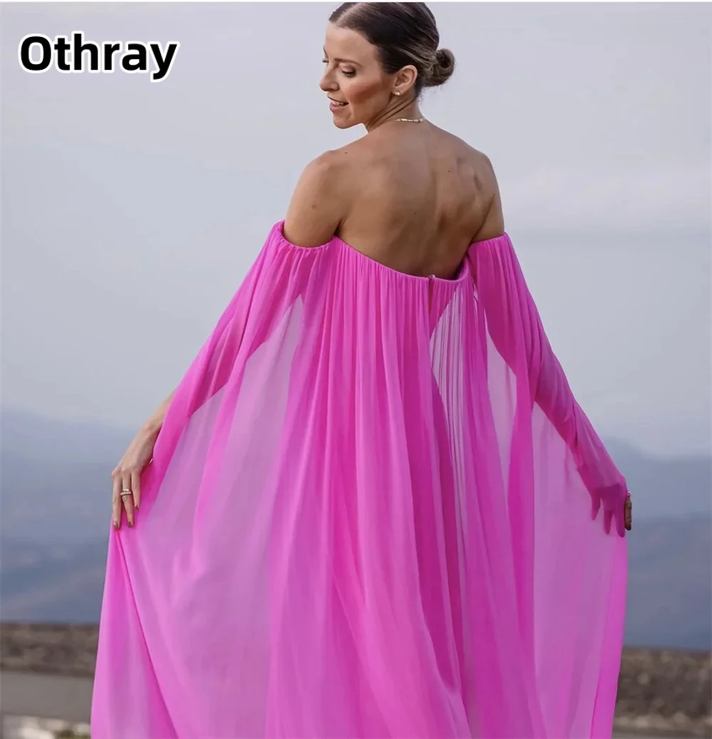 Othray-فستان سهرة شيفون أنيق بدون حمالات للنساء ، رأس طويل ، أكمام ، حفلة رسمية ، فاخر ، فساتين سهرة للمناسبات الخاصة