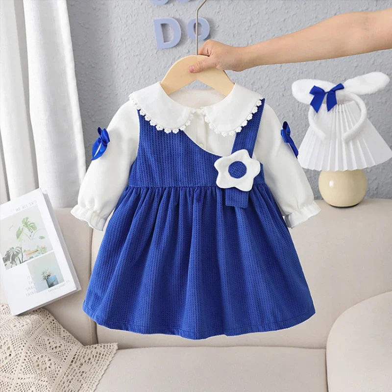 

2024New Kids Girls' Dresses Fashion Korean Royal Blue Elegant Princess Costume Mathing Children Outfit Autumn and Winter Clothes