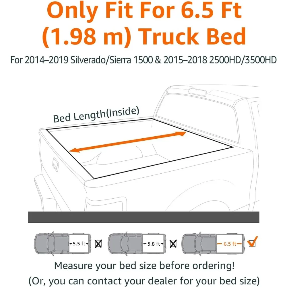 2014-2019年式シボレー・シルバラード、GMC・シエラ1500用、ソフトロールアップ式6.5フィートトラック荷台用トノカバー（外装アクセサリー）