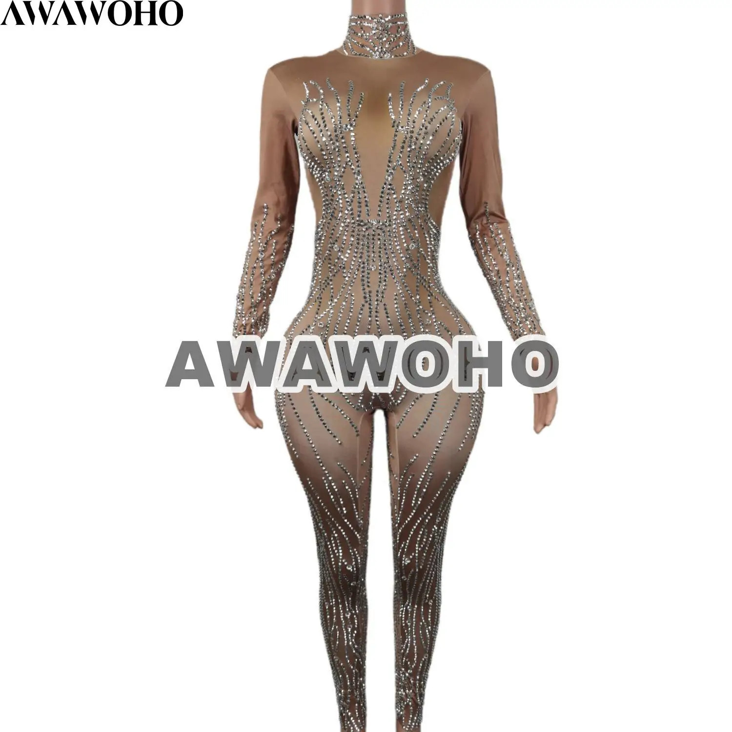 

AWAWOHO Sparkly Rhinestone Jumpsuits Women Pole Dance Stage Wear Stretch Party Costume Nightclub Drag Queen Outfit Kuangyin