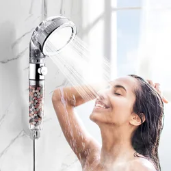 3 Modes Adjustable High Pressure Shower Head SPA Shower Water Saving Filter Balls Replaceable Switch Button One Key Stop Shower
