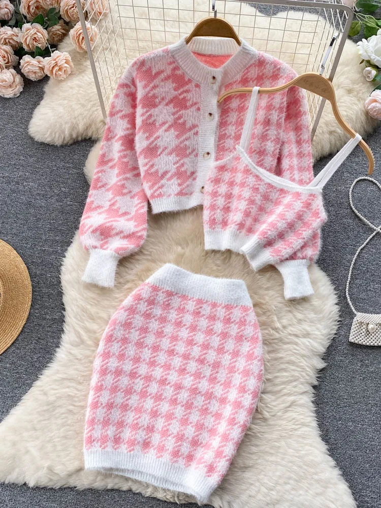 Nowa jesienna dzianina Plaid Cardigans + Camisole + spódnice 3 sztuk zestawy koreańska krótka sweter płaszcz + kamizelka + Mini spódnica garnitury