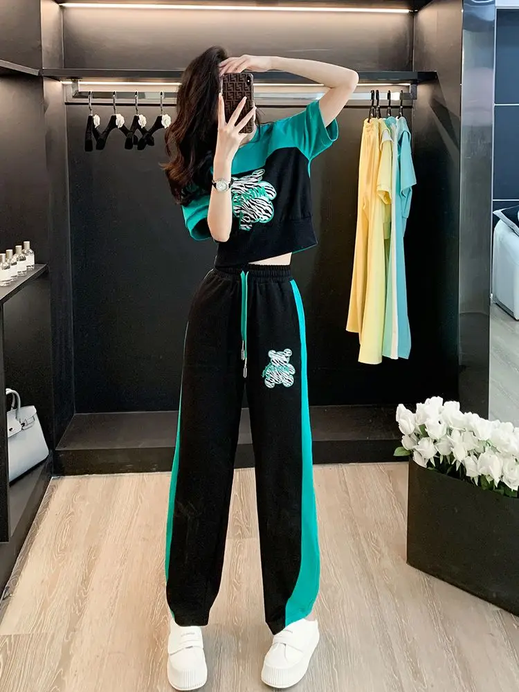 

Women's Summer New Casual Loose Fashion Round Neck Short-sleeved Wide-leg Pants Two-piece Bear Color Matching Sports Suit