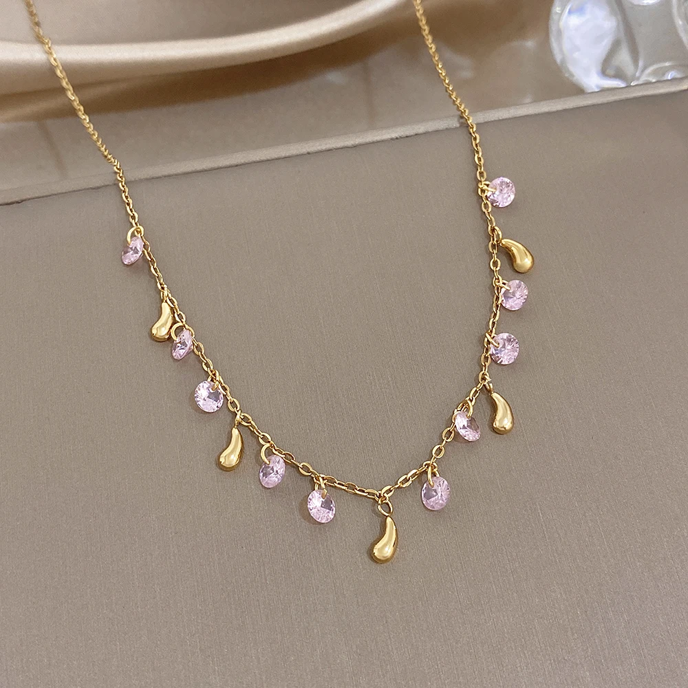 Freetry Elegant Pink Zircon Small Pendant Stainless Steel Necklace for Women Shiny Golden Waterproof Necklace Charm Jewelry Gift