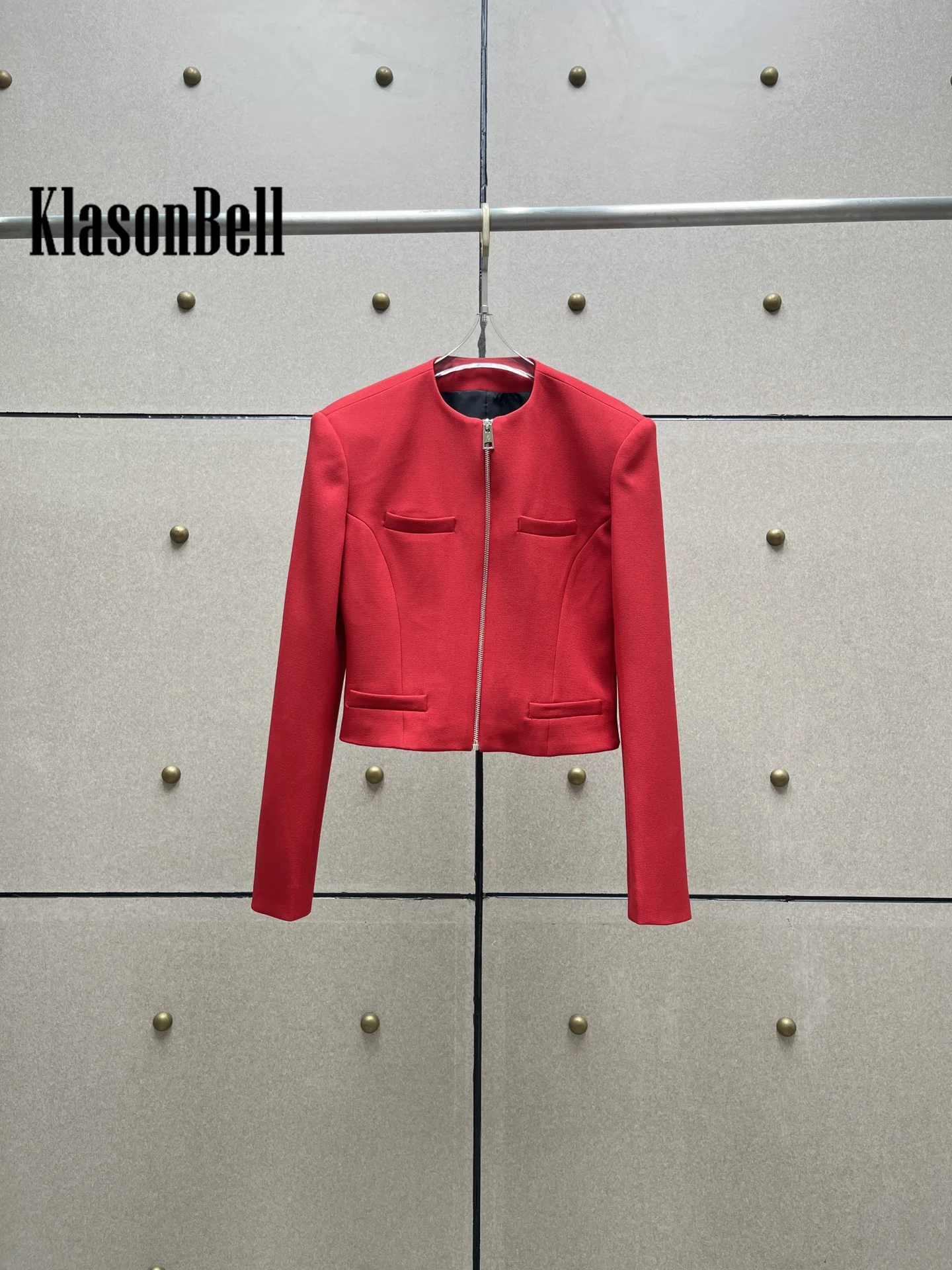 8.12 KlasonBell Women Fashion Temperament Shoulder Pads Zipper Red Jacket Office Lady All-matches O-Neck Pocket Design Coat