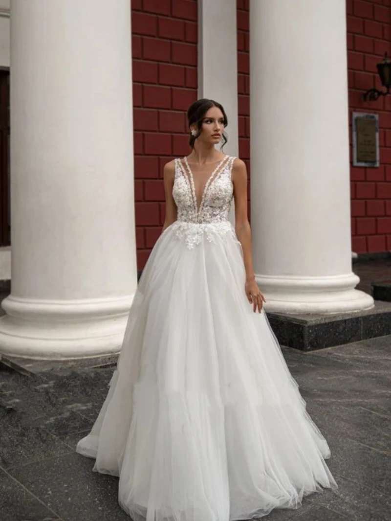 

Classic Wedding Dresses A-Line Tulle Bridal Gowns Deep V-Neck Sleeveless Backless Robes For Formal Party Vestidos De Novia 2024