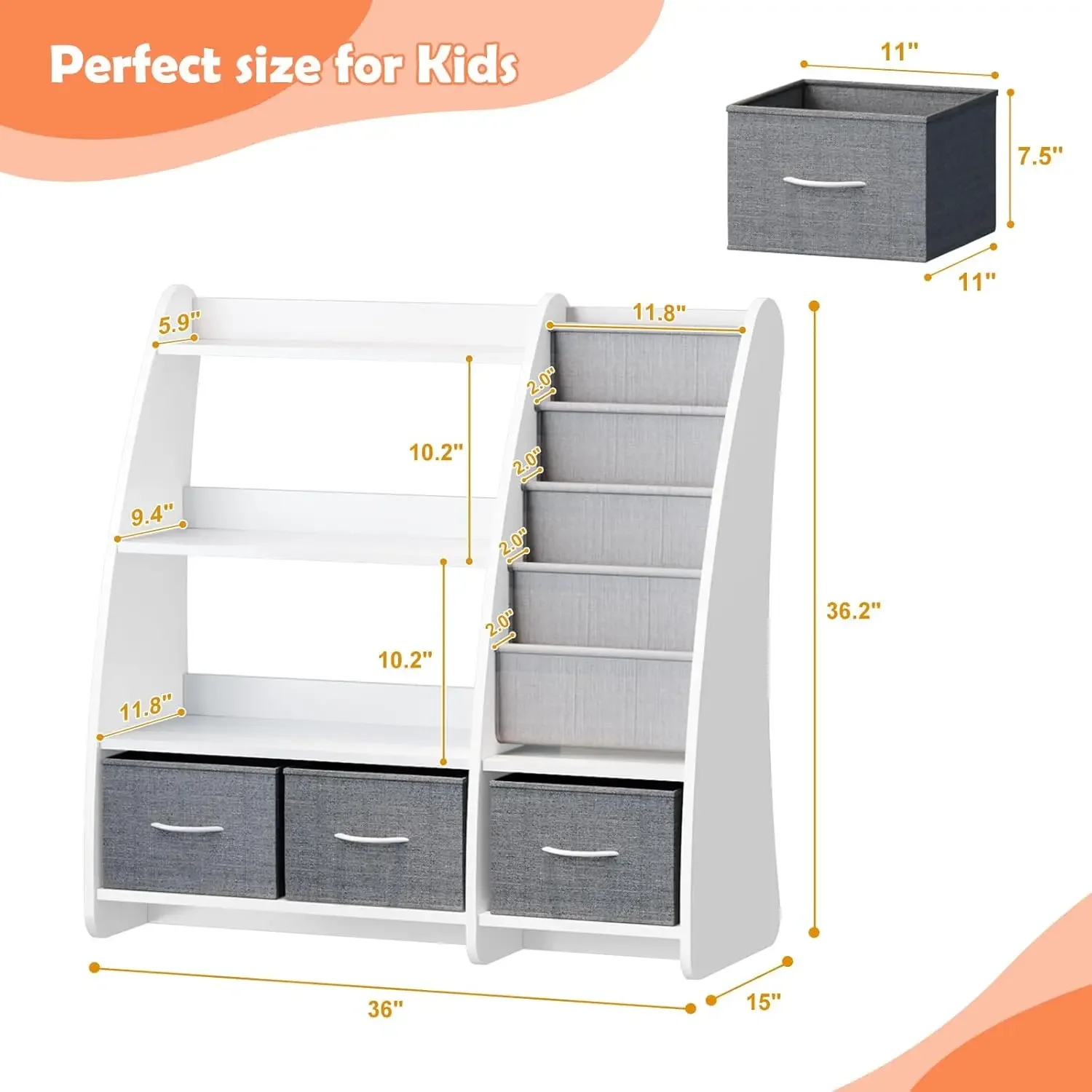 Kids Bookshelf Wood Toy Storage Organizer Cabinet Children Bookcase Toddler Baby Sling Book Rack 3 Cube Bins Sail Boat Arc