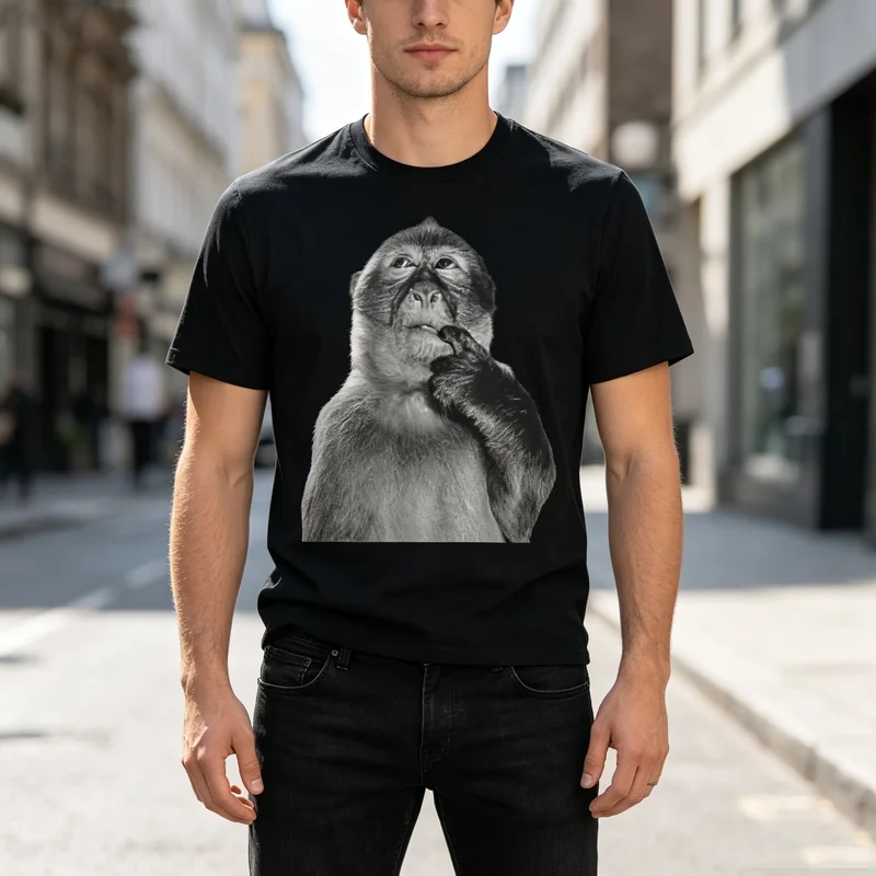 Funny Thinking Monkey Tee Retro Black White Animal Portrait Print Mens Casual Short Sleeve T Shirt  Harajuku Oversized  Y2k