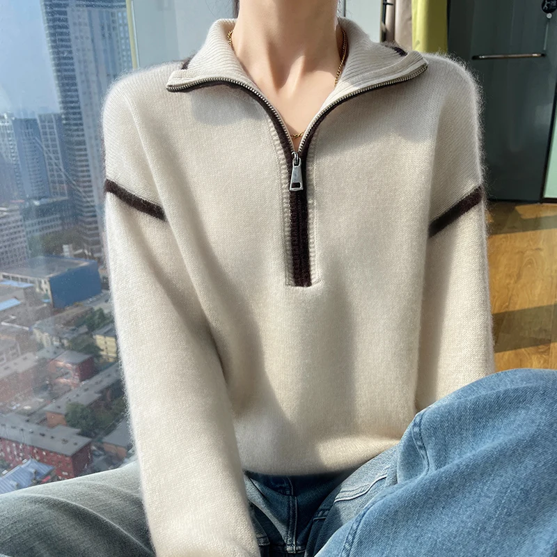 100% pure wool sweater female high-necked zipper pullover autumn and winter new sweater color matching long-sleeved warm top