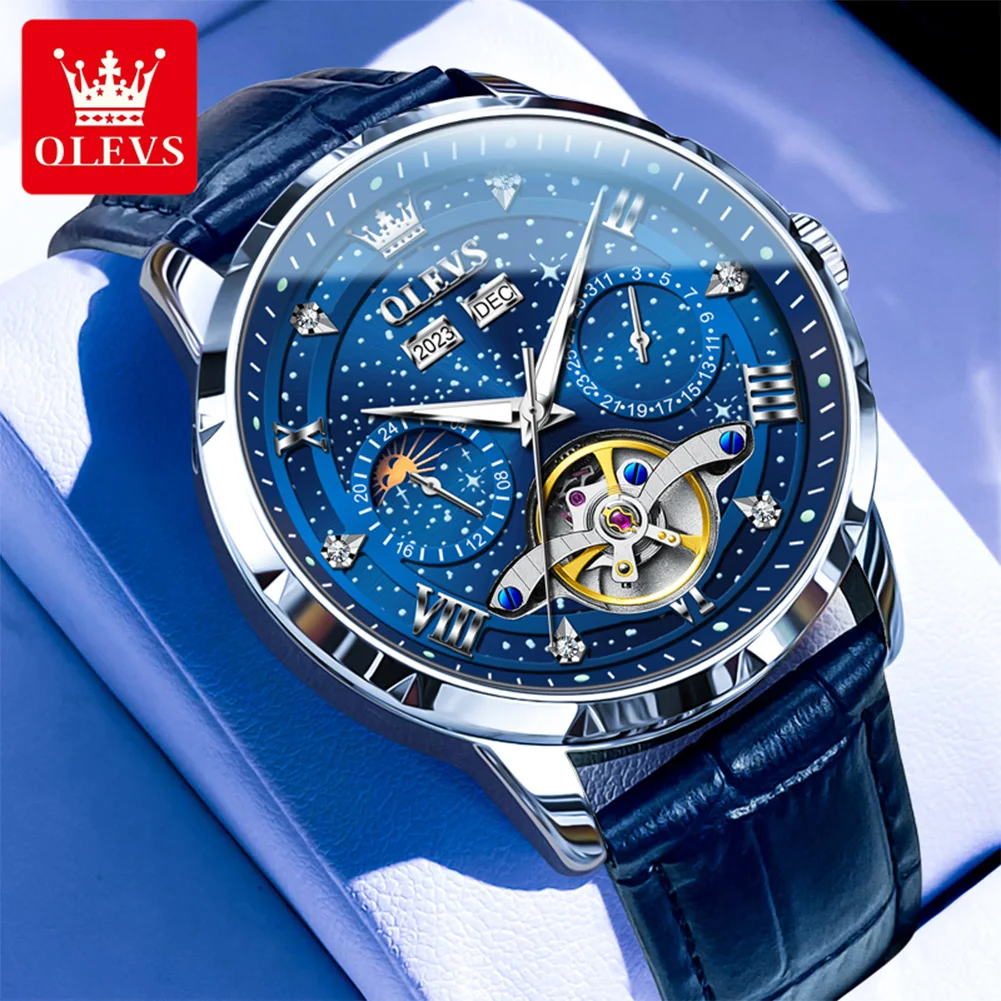 

OLEVS 6690 Top Automatic Mechanical Watches For Men Hollow Flywheel Moon Phase Calendar Waterproof Luminous Starry Sky Man Watch